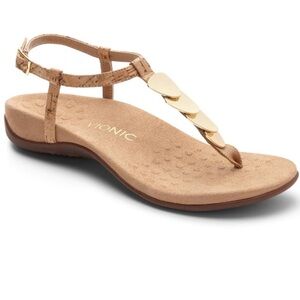Vionic Miami Women's Size 10 Sandals Tan Gold Cork Straps Thong Slingback